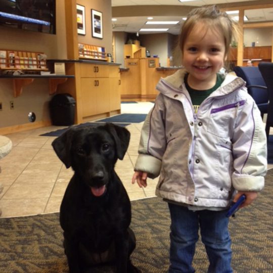 A child standing next to a black dog