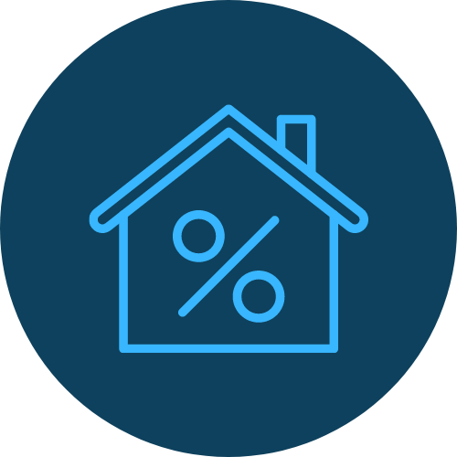 Dark blue circle with light blue house with a interest rate symbol.