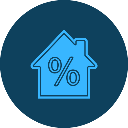 Dark blue circle with light blue house and interest rate for competitive loans.