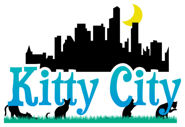 Kitty City logo in Blue with cityscape in the background